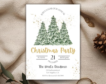 May include: A Christmas party invitation with a watercolor design. The invitation features three green Christmas trees, gold text that reads "Christmas Party", and event details. The background is white with gold flecks.