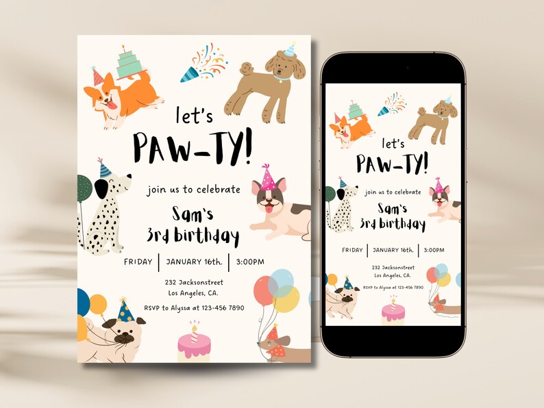 May include: A birthday party invitation featuring the text "let's PAW-TY!" and dog illustrations, balloons, and cake. The invitation is on a white background and also displayed on a smartphone.