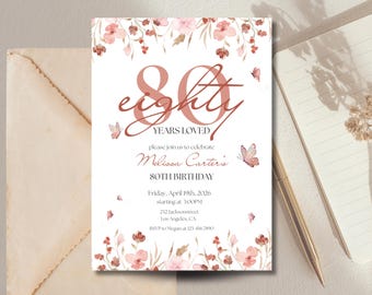 Peut inclure: Invitation d'anniversaire pour les 80 ans. Le design présente le mot "eighty" dans une grande police élégante, avec les mots "years loved" en dessous. Des motifs floraux et papillons dans des tons roses et bruns décorent l'invitation.