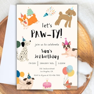 May include: A birthday invitation with cartoon dogs, balloons, and a cake. The text reads "let's PAW-TY!" and invites guests to celebrate Sam's 3rd birthday on January 16th at 3:00 PM. Includes address and RSVP information.