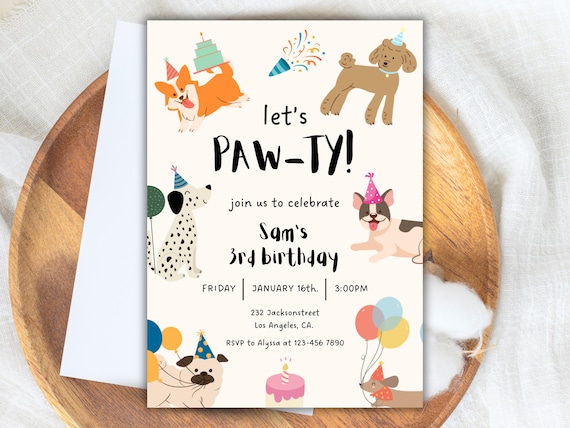 Let's Pawty Dog Birthday Invitation, Calling All Party Animals Kids Birthday Invite, Kids Puppy Birthday Party Invite Any Age, Print & Phone