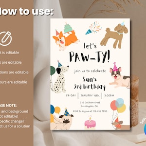 May include: A cream-coloured birthday party invitation featuring the text "let's PAW-TY!" and illustrations of dogs wearing party hats. The invitation includes details for Sam's 3rd birthday, date, time, and location.