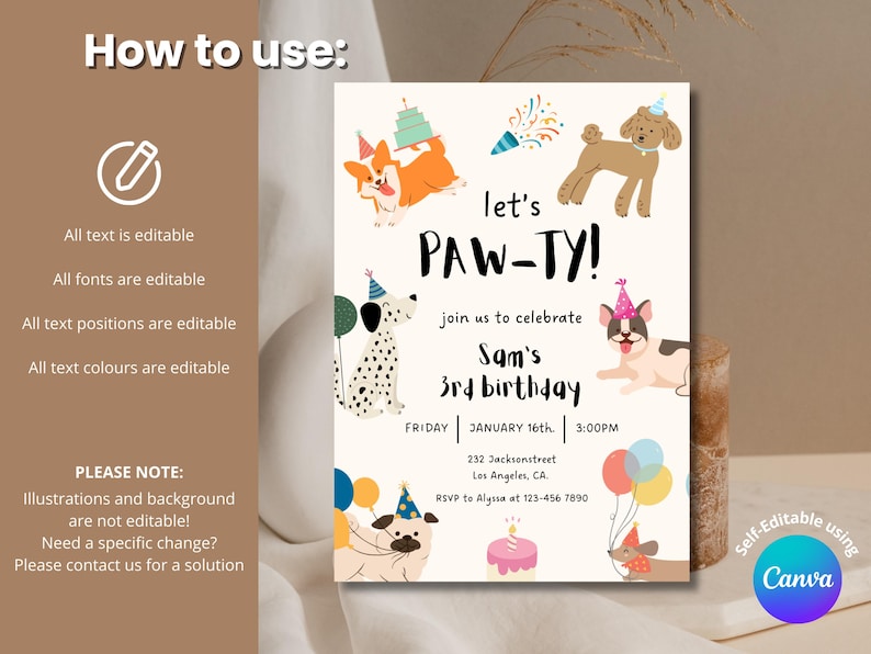 May include: A cream-coloured birthday party invitation featuring the text "let's PAW-TY!" and illustrations of dogs wearing party hats. The invitation includes details for Sam's 3rd birthday, date, time, and location.