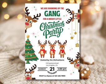 May include: A Christmas party invitation with a festive design. The invitation features reindeer, a Christmas tree, and the text "Christmas Party." The party is hosted by the Michaelsons on December 21st at 4:00 PM.