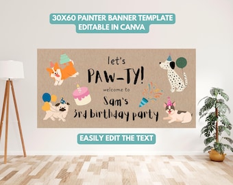 Digital "Låt oss Pawty" hundfödelsedagsmålad banderoll, "Kalla alla partydjur" barnpappersbanderoll, valpfödelsedagsfestdekor för barn, alla åldrar