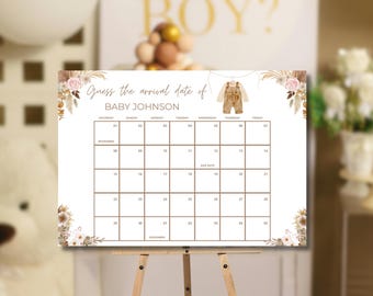 May include: A baby shower game board with the text "Guess the arrival date of BABY JOHNSON." The calendar grid is surrounded by floral and botanical illustrations. A small illustration of overalls hangs at the top.
