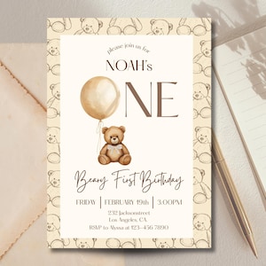 Vintage Beary första födelsedagsinbjudan, neutral nallebjörn 1-årsdagsinbjudan, björnballongfödelsedagsinbjudan, björnfödelsedag, tryck och telefon