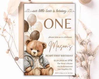 Invitación de cumpleaños editable de oso, invitación para el primer cumpleaños de un oso, invitación neutral para el primer cumpleaños, plantilla de invitación minimalista bohemia para el primer cumpleaños