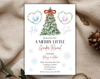 May include: A festive gender reveal invitation. The card features a watercolour Christmas tree with a red bow, the words "He" and "She", and the text "A Merry Little Gender Reveal". The invitation includes event details.