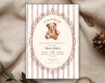 We Can Bearly Wait Baby Shower Invitation, Vintage Teddy Bear Baby Shower Invite, Neutral Editable Canva Template