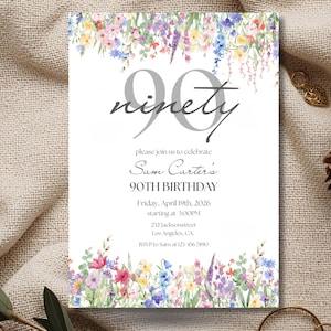 Inbjudan för 90-årsdag, inbjudan för att fira 90 år, elegant grå blommig fest, neutral mall för honom eller henne, redigerbar canvas
