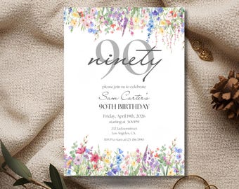 90th Birthday Invitation, Celebrating 90 Years Invite, Elegant Grey Floral Party, Neutral His or Hers Template, Editable Canva