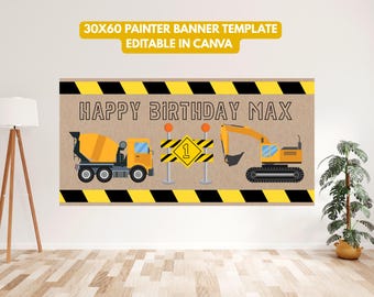 Construction Birthday Painted Banner Template, Editable Happy 1st Birthday Banner, Truck Birthday Banner, Construction Paper Banner Any Age
