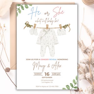 Baby Clothes Gender Reveal Invitation, Clothesline Gender Reveal Invite Pink and Blue, He or She What Will Baby Be, Surprise Gender Reveal