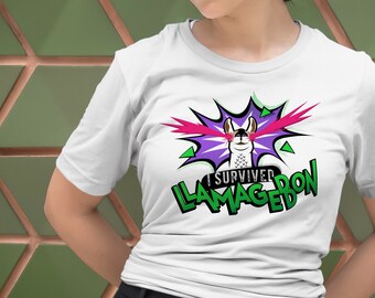 J'ai survécu à Llamageddon Funny Pop Art Halftone T-Shirt graphique pour hommes et femmes