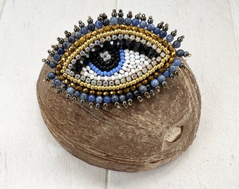 Evil Eye Brooch, Evil Eye pin beaded, Good luck charm, Sodalite Evil Eye, Bead embroidery Eye, Embroidered Evil Eye, Evil Eye bead pin,