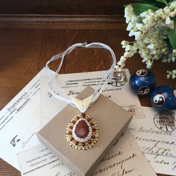 Hand embroidered desert themed sandstone pendant, Beaded sparkly orange necklace, Handmade summer jewelry, Beaded Arizona necklace