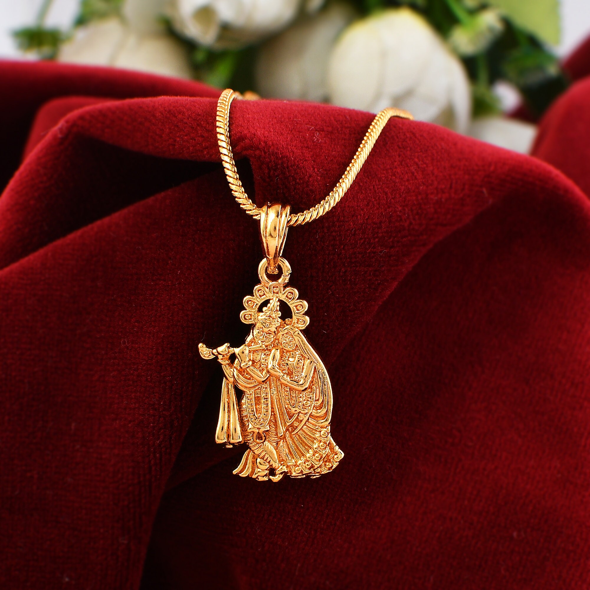 Religious Jewelry Radhe Krishna Gold Plated Brass Necklace Pendant for Men and Women non