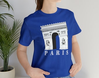 May include: A royal blue t-shirt with a white graphic of the Arc de Triomphe in Paris, France. The text "PARIS" is printed below the graphic.