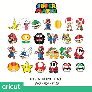 Pacote Super Mario SVG, Fonte Super Mario Svg, Arquivos Luigi Svg para Cricut e Silhouette, Download Digital Clipart