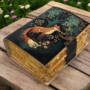 400 pagine - Grimoire Fox Leather Journal Libro degli incantesimi vuoto delle ombre Diario grasso - Carta fatta a mano Diario vintage per donne