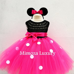 Black and Pink Minnie mouse inspired dress, hot pink minnie mouse birthday dress, pink baby girls tutu dress