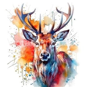 Watercolor stag digital wall art in bright colors Buck artwork unique colorful fun deer animal gift for friend or family INSTANT DOWNLOAD
