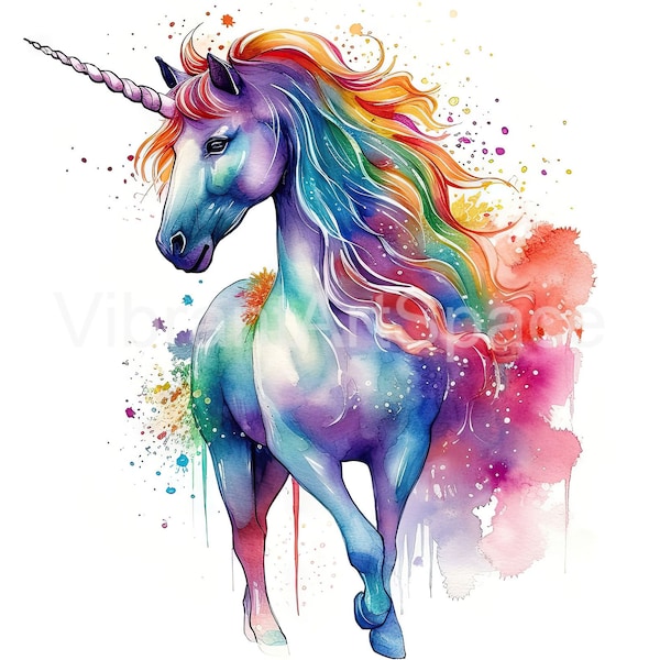 Watercolor unicorn digital wall art in bright colors Unicorn artwork unique colorful fun animal gift for friend or family INSTANT DOWNLOAD