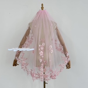 Pink Floral Lace Wedding Veil: Fingertip Length, Beads Embellishments