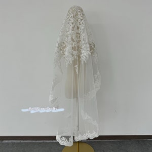 Ivory Lace Wedding Veil: Sequin Embellished Bridal Hijab, Waltz Length