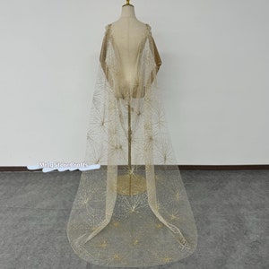 Gold Stars Wedding Cape, V-back Cape Veil For Bride, Shiny Wedding Veil With Pins, Glitter Tulle Cape, Shiny Star Cape, Floor Length Cape
