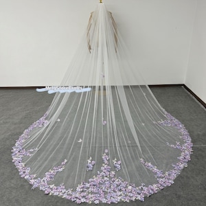 Purple Floral Wedding Veil: 3D Flower Bridal Veil, Cathedral Length