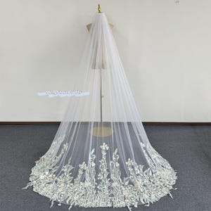 Floral Wedding Veil, Pink And Green Appliques Veil, Chapel Length Bridal Veil, White Wedding Veil, Forest Style Veil, Custom Bridal Veil
