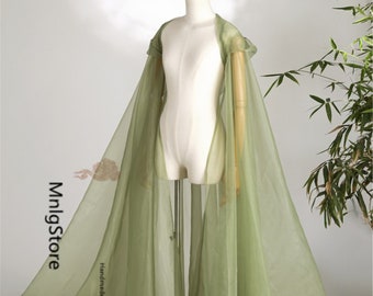 Green Organza Cape, Long Fairy Cape, Hooded Cloak, Wedding Cape, Sun Protection, Travel Photoshoot Cloak, Oversized Cape, Cosplay Cape