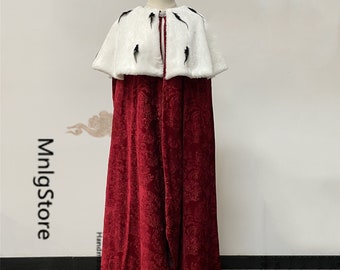 Cosplay Cape, Black Feather Cape, Velvet Cape, Halloween Cosplay Cloak, Queen/King Cosplay Cape, Red&White Cape