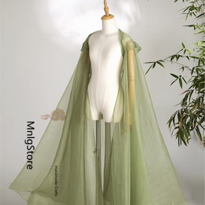 Grünes Organza Cape, Langes Feen Cape, Kapuzen Umhang, Hochzeit Cape, Sonnenschutz, Reise Fotoshooting Umhang, Oversized Cape, Cosplay Cape