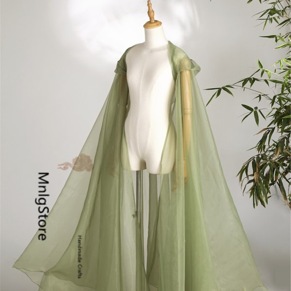 Green Organza Cape, Long Fairy Cape, Hooded Cloak, Wedding Cape, Sun Protection, Travel Photoshoot Cloak, Oversized Cape, Cosplay Cape