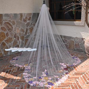 Floral Applique Cathedral Wedding Veil - Ivory Tulle, Flower Fairy Bridal Veil