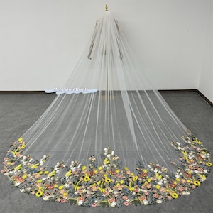 Floral Wedding Veil: Colorful Flower Appliques, Royal Length