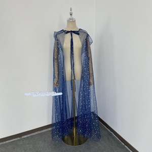 Navy Blue Tulle Cape: Hooded Star Shimmer Bridal Cape