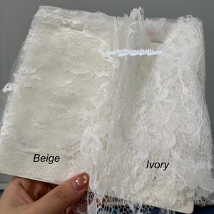 May include: A swatch of beige lace and a swatch of ivory lace featuring floral patterns and scalloped edges. The text MrlgStoreCrafts is visible in the center, with the labels Beige and Ivory printed below each respective fabric sample.