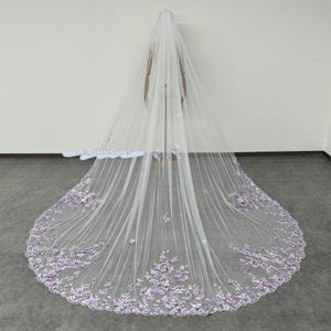 Purple Floral Appliques Cathedral Veil: Ivory Tulle Wedding Veil