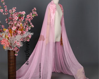 Pink Cape, Chiffon Cape, Princess Cape, Fairy Cape, Long Cape, Appliques Cape, Halloween Women Cosplay Cape, Dress Accessories