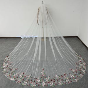 Floral Wedding Veil: Ivory Tulle, Cathedral Length