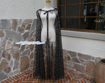 Shimmer Hooded Cape, Black Cape With Star Glitter, Dress Accessories, Support Custom