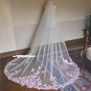 Pink Floral Wedding Veil: 3D Flower & Pearl Chapel Length Veil