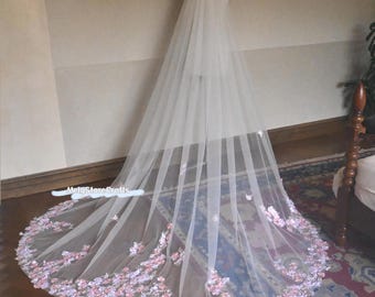 Pink Floral Wedding Veil: 3D Flower & Pearl Chapel Length Veil