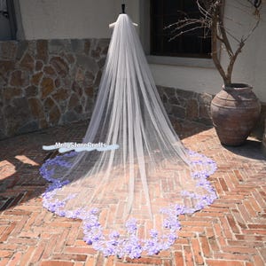 Purple Floral Applique Cathedral Wedding Veil - Ivory Tulle