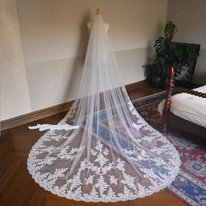 Floral Lace Cathedral Wedding Veil: Ivory Tulle with Pearl Appliques