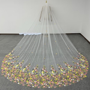Floral Wedding Veil: Colorful Appliqued Royal Length Ivory Tulle
